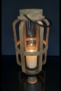 10.5"X17.75" CYLINDRICAL WOODEN LANTERN WITH METAL HANDLE [479379]